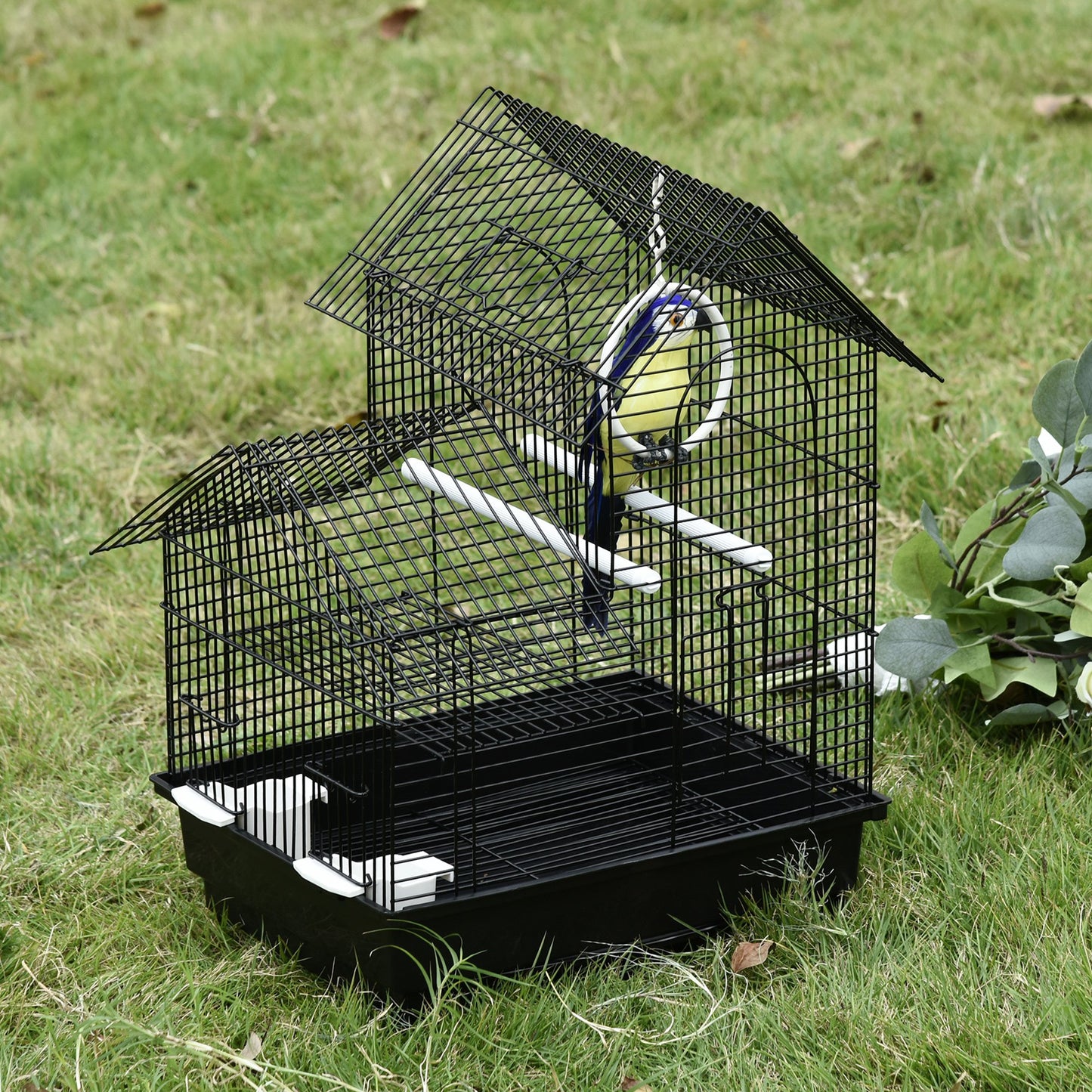 PawHut Metal Bird Cage w/ Plastic Perch Food Container Swing Ring Handle Small Black