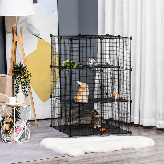 PawHut Pet Playpen DIY Small Animal Cage w/ Doors Ramps for Kitten Bunny Chinchilla