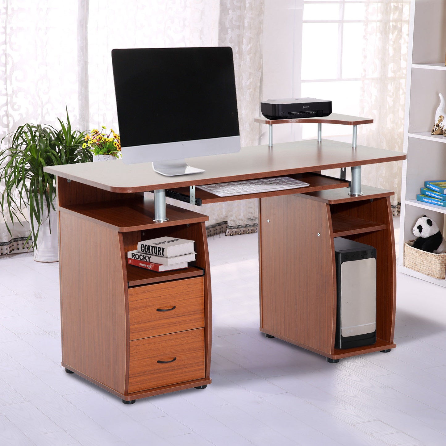 HOMCOM MDF Multi-Level Home Office Workstation Desk with Drawers Brown