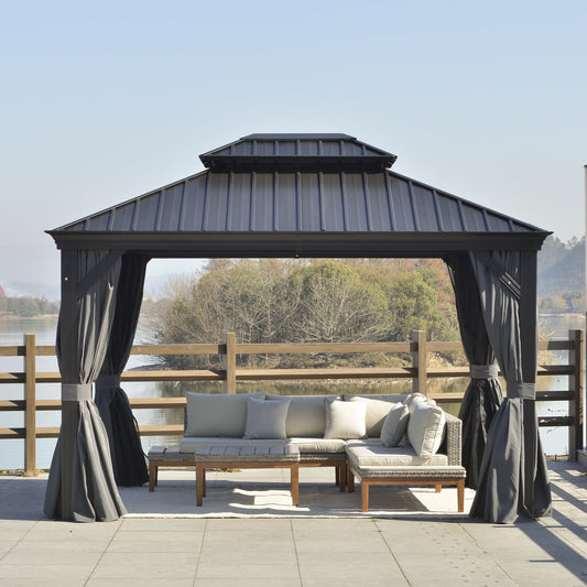 Outsunny 3.7 x 3(m) Outdoor Hardtop Gazebo Canopy w/ 2-Tier Roof and Mesh Netting Sidewalls