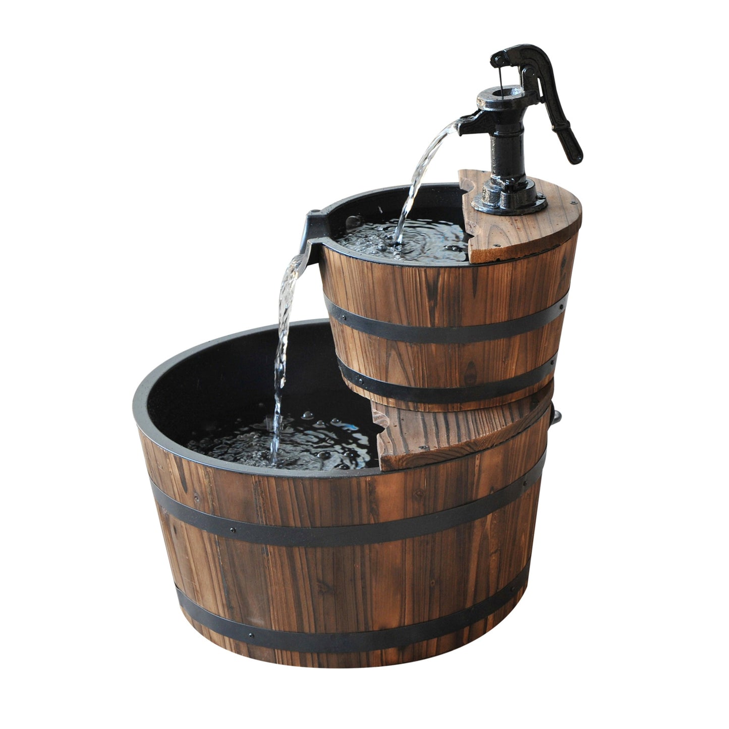 Outsunny Wooden Water Pump Fountain, 2 Tier-Fir Wood/Steel