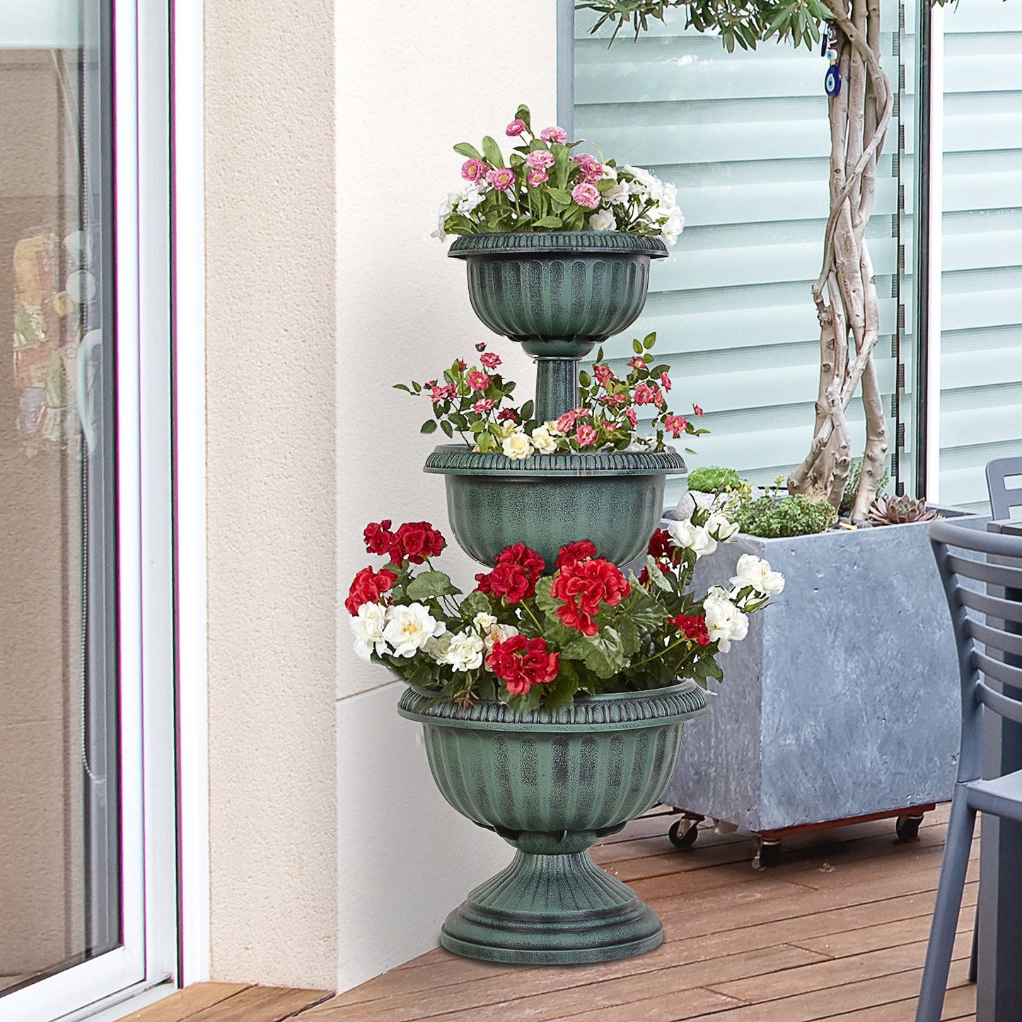 Outsunny 3-tier Chelsea Planter Flowers Display Thick Plastic Pattern Engraved Wide Base