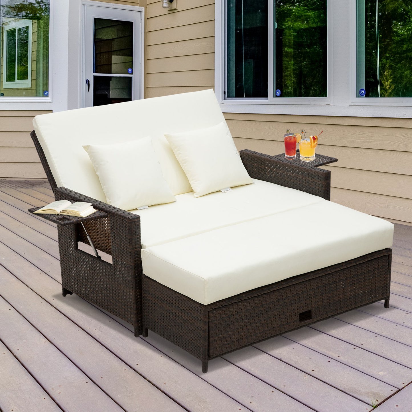 Outsunny Rattan Sun Lounger 2-Seater Day Bed-Brown