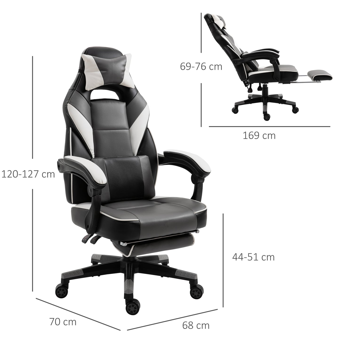 Vinsetto Cool & Stylish Gaming Chair Ergonomic w/ Padding Footrest Neck Back Pillow Adjustable Chair Grey