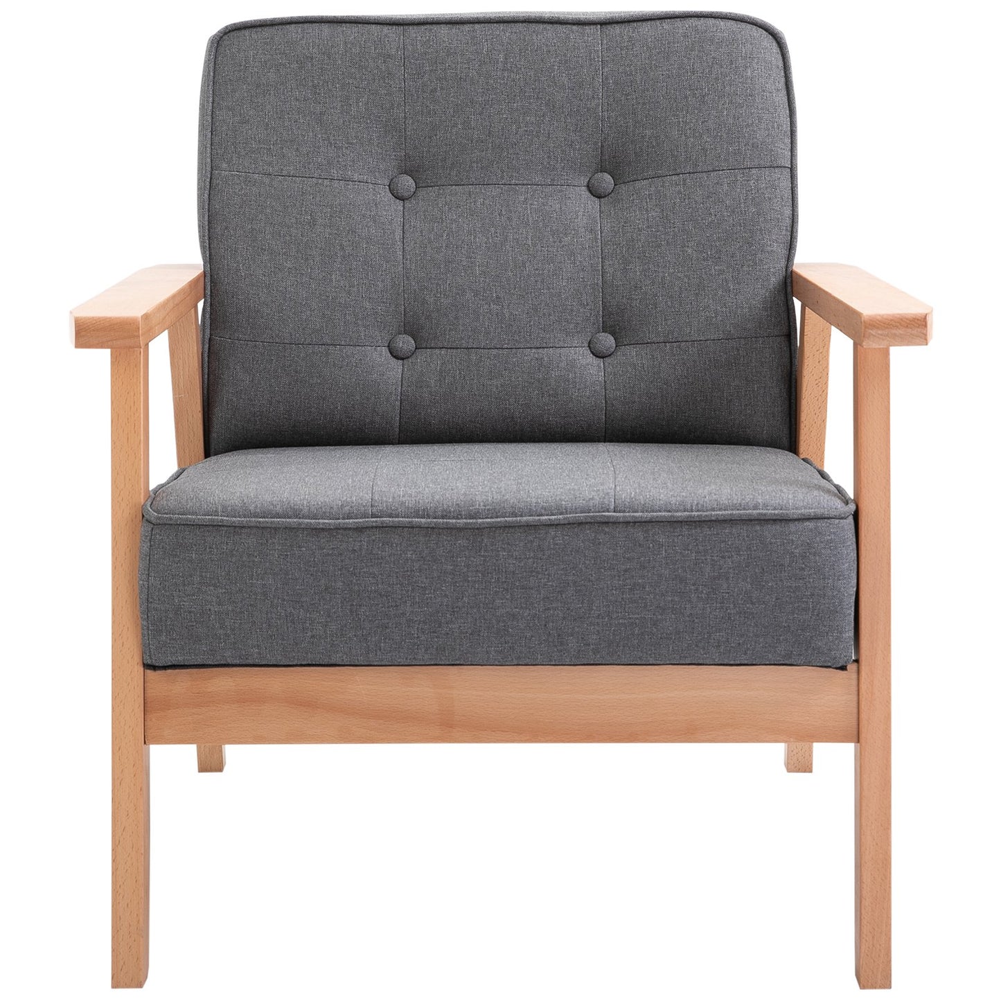 HOMCOM Chair W/Linen Beech High Elastic Sponge Non-Woven Bottom, 64.5W x 70D x 70Hcm-Grey/Natural Wood Colour