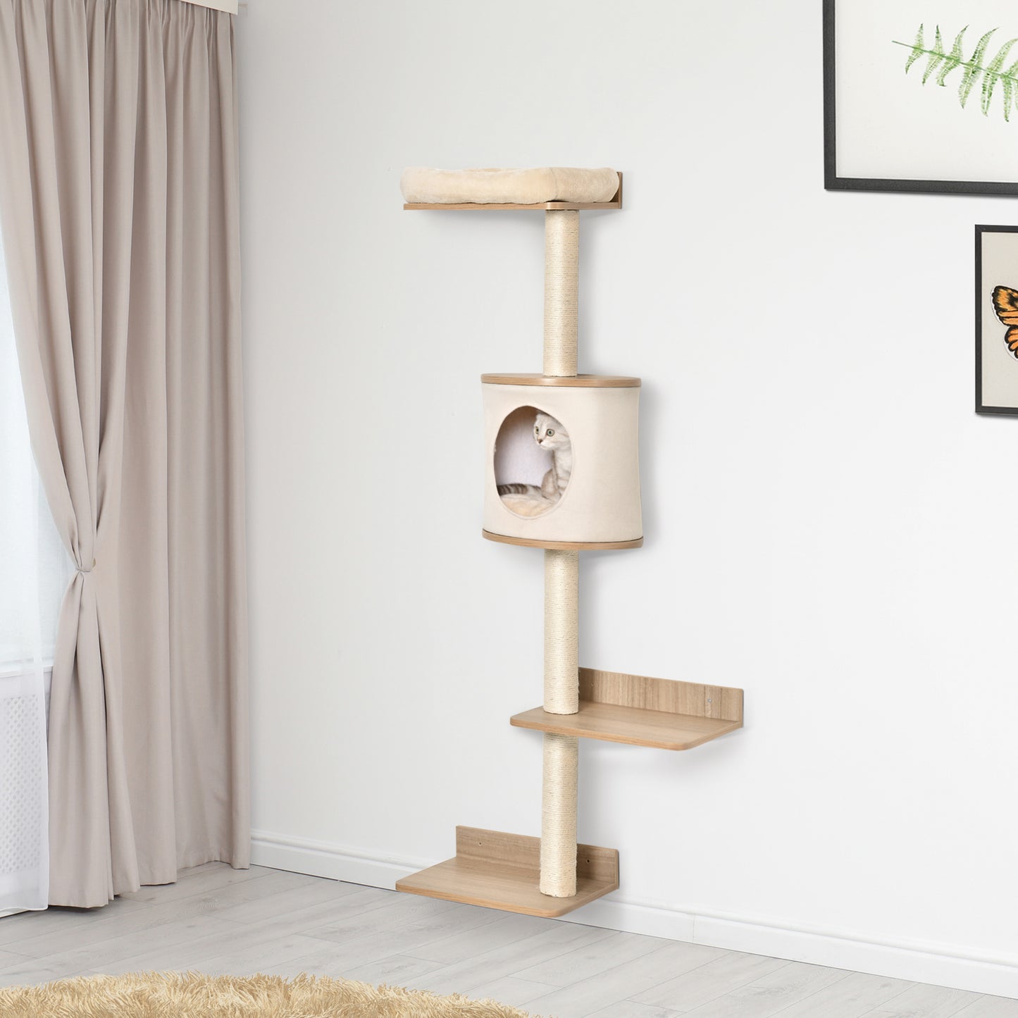 PawHut Cat Tree Cat Shelf Wall-Mounted Shelter with Condo Bed Scratching Post