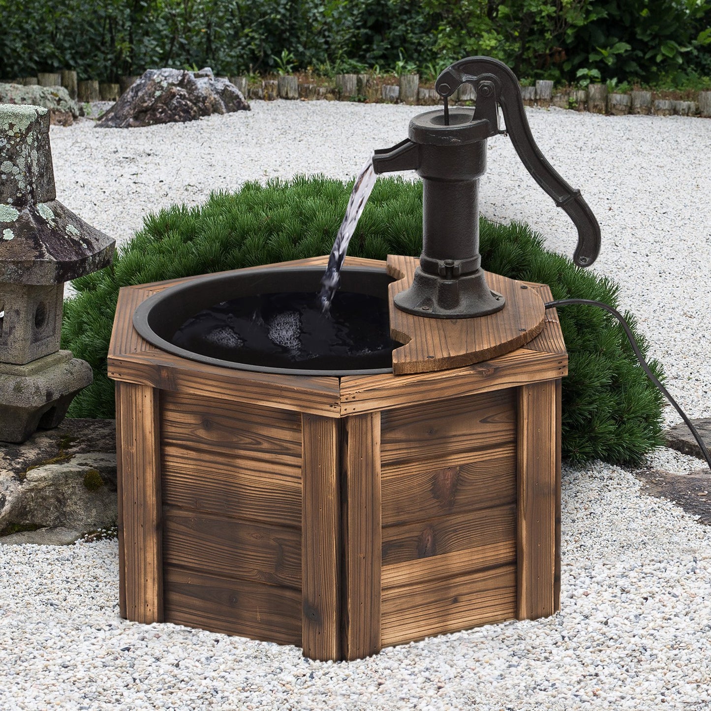 Outsunny Wooden Electric Water Fountain Garden Ornament w/ Hand Pump Plastic Well Vintage