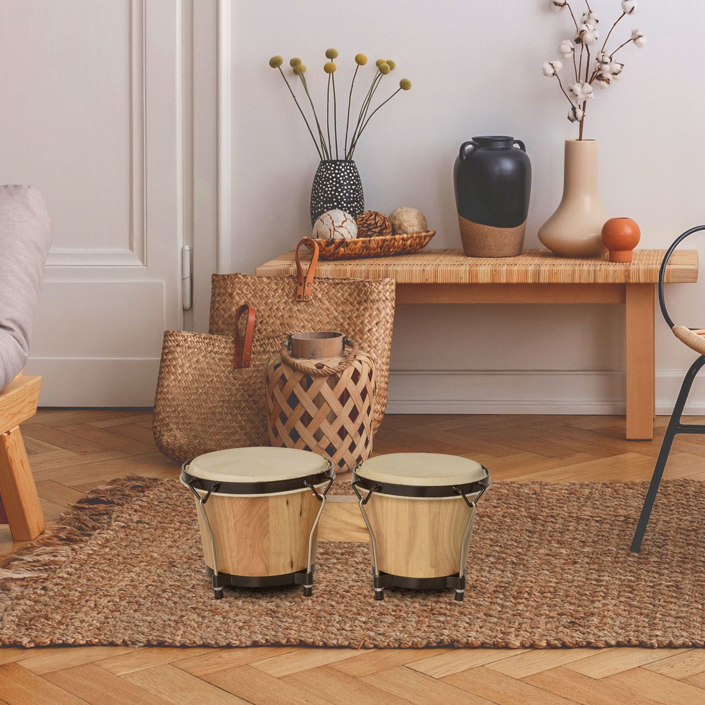 HOMCOM Sheepskin Bongo Drums w/ Tuning Wrench