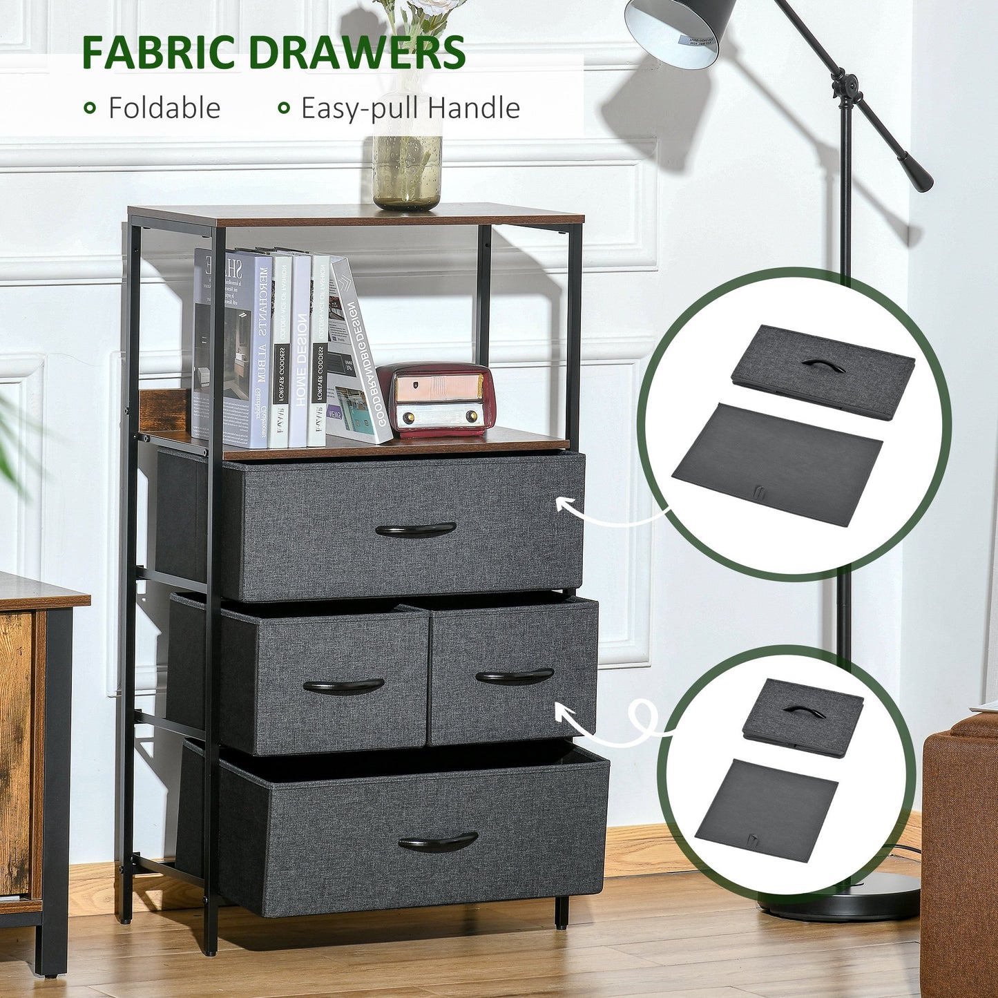 HOMCOM Chest of Drawers Bedroom Unit Storage Cabinet with 4 Fabric Bins for Living Room, Bedroom and Entryway, Black