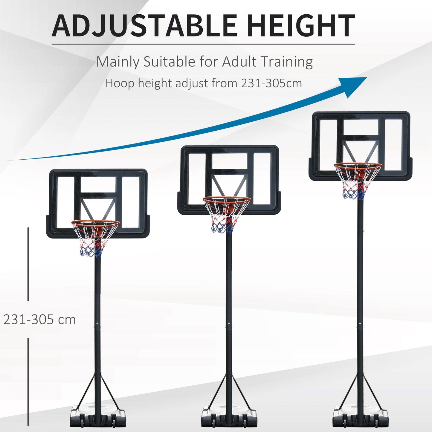 HOMCOM Basketball Hoop Stand 231-305cm Adjustable Basketball Hoop w/ Moving Wheels