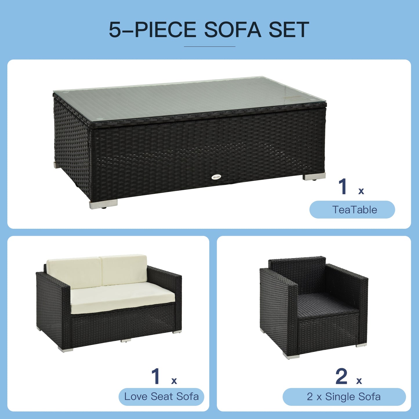 Outsunny 4 Pieces Rattan Sofa Set, Steel-Black