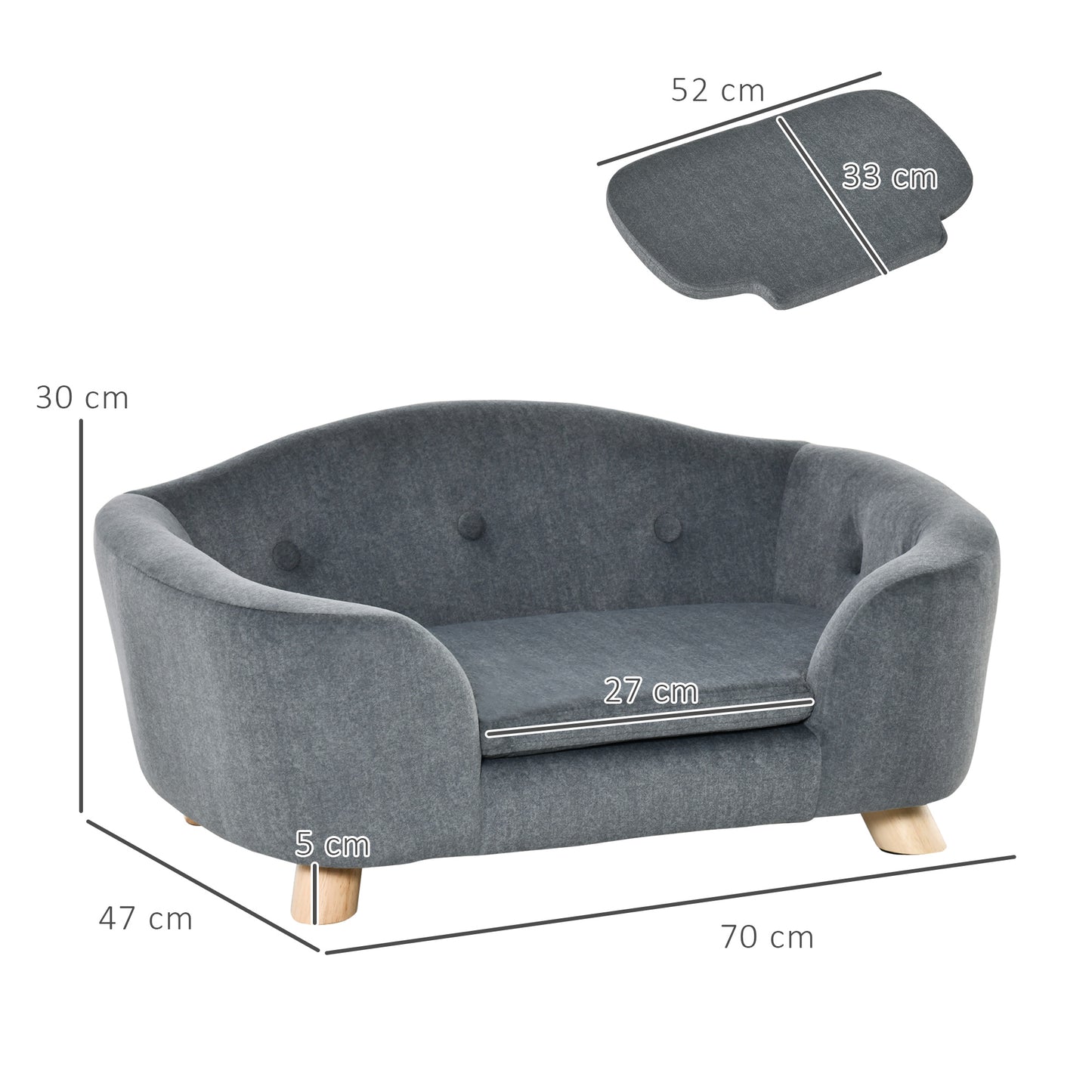 PawHut Pet Sofa Puppy Kitten Lounge, w/ Wooden Frame, Washable Cushion, Grey