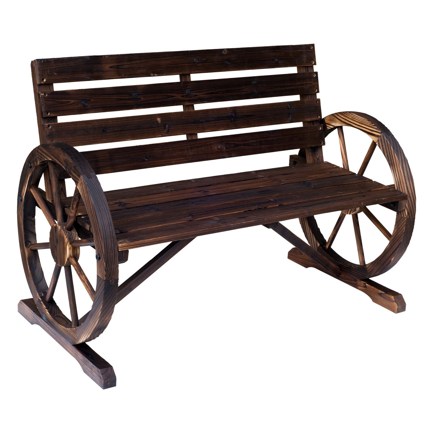 Outsunny Wagon Wheel Chair Bench Armrest Rustic Loveseat Wood Outdoor Garden