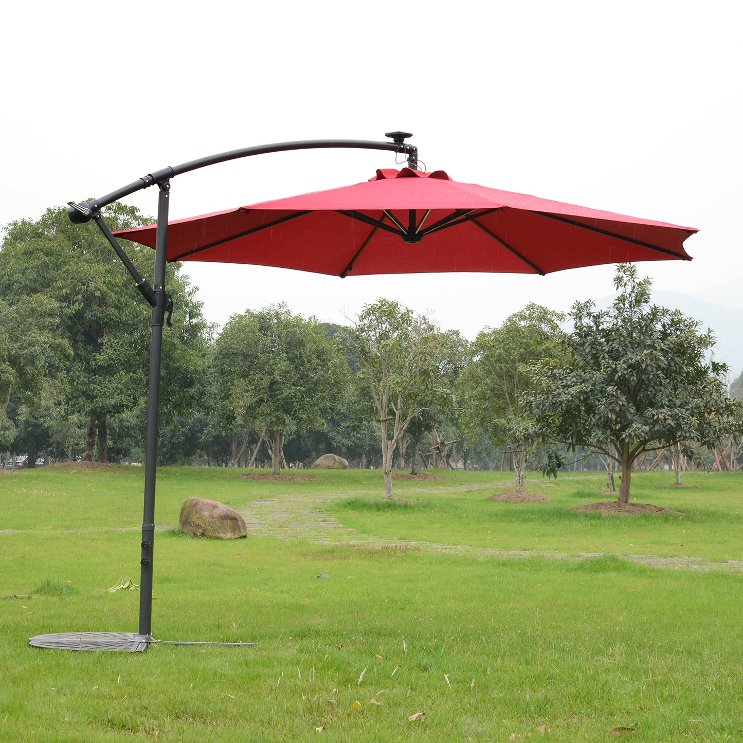 Outsunny Umbrella Parasol W/Solar Powered LED strips, Φ2.95x2.45H m-Wine Red