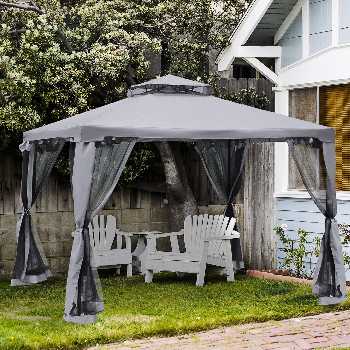 Outsunny 3 x 3 m Metal Gazebo Garden Outdoor 2-tier Roof Marquee Party Tent Grey
