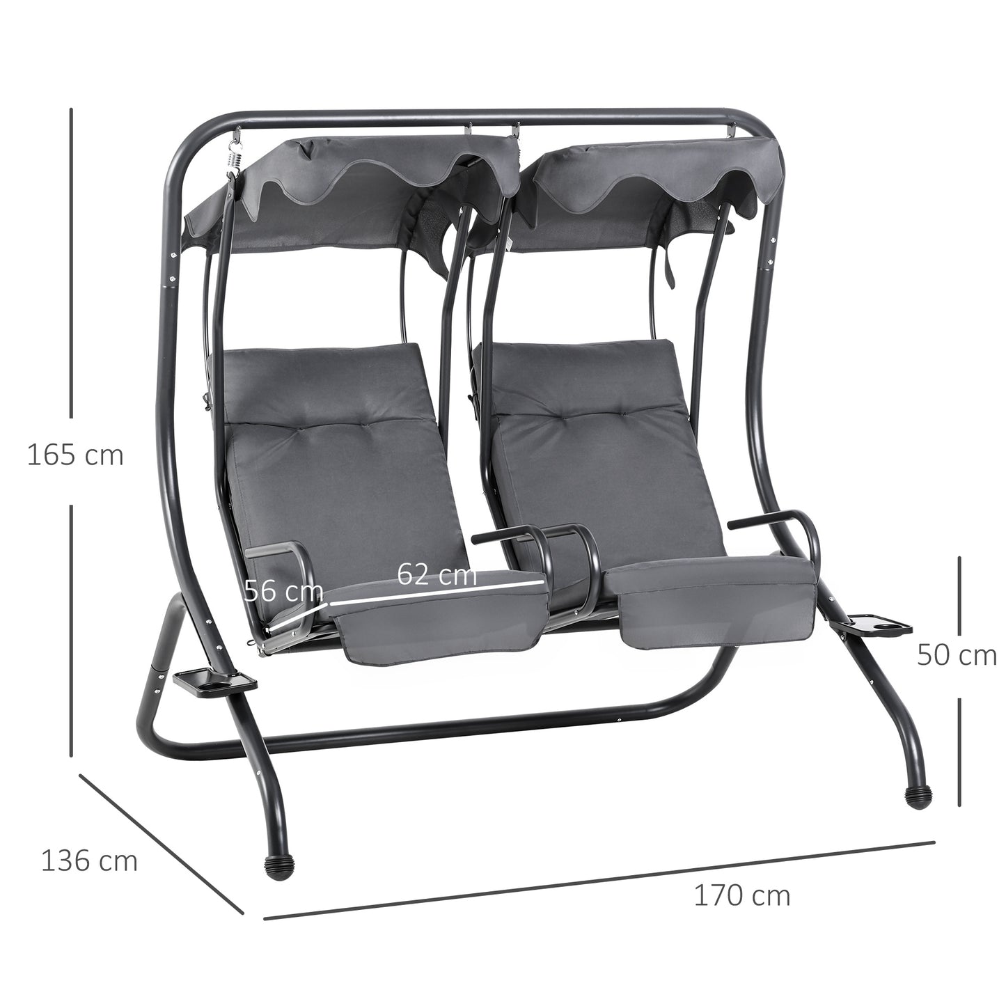 Outsunny Canopy Swing 2 Separate Relax Chairs w/ Handrails, Cup Holders
