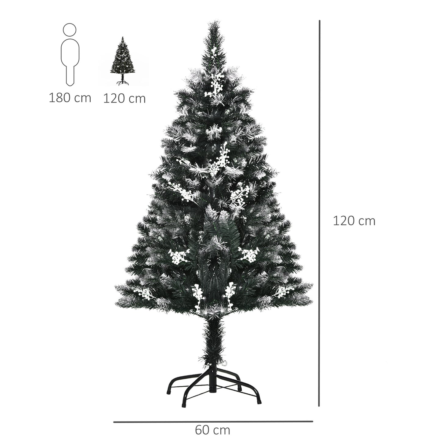 HOMCOM 4ft Artificial Snow Dipped Christmas Tree Xmas Pencil Tree Holiday Home Indoor Decoration with Foldable Feet White Berries Dark Green