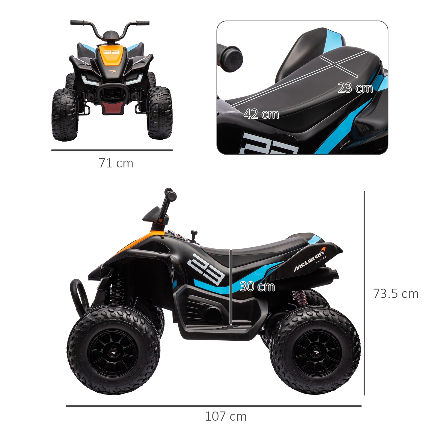 HOMCOM McLaren Licensed 12V Quad Bike, with Music, Headlights, MP3 Slot, Suspension Wheels, for Ages 3-8 Years - Black