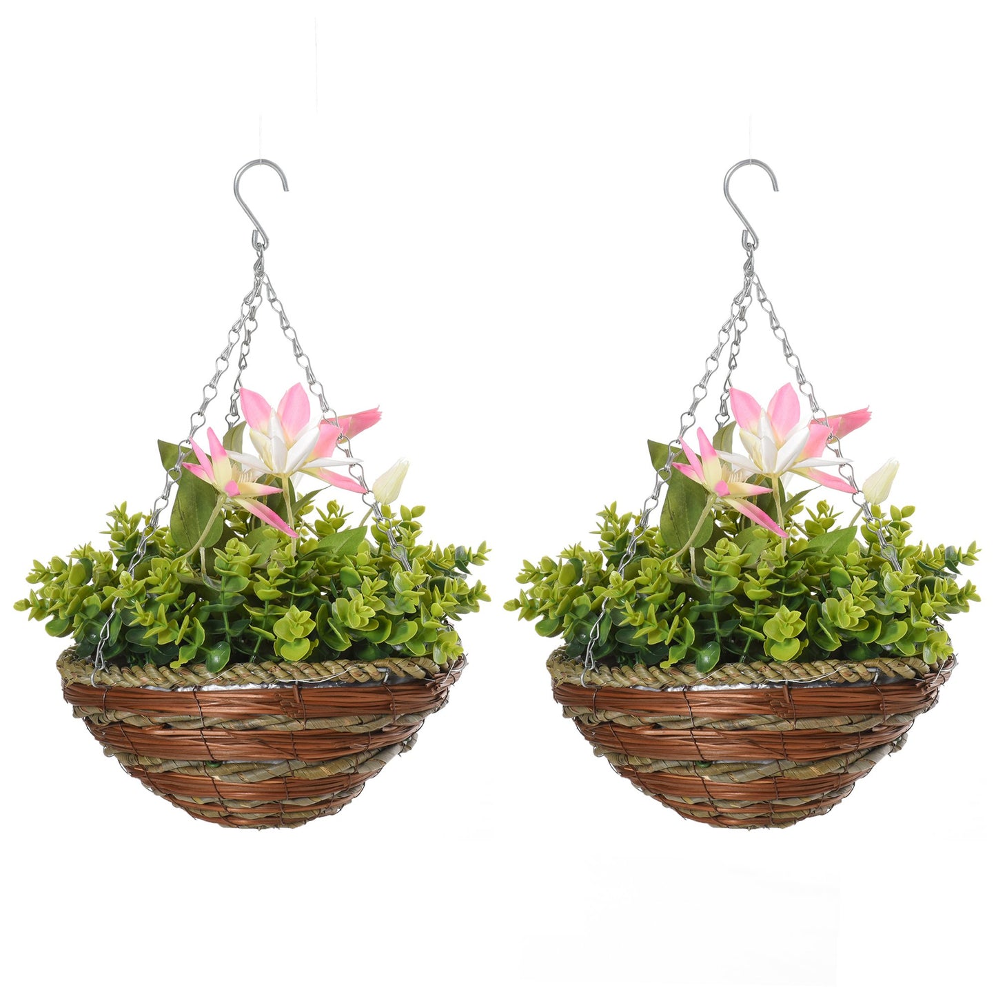 Outsunny Pack of 2 Artificial Clematis Flowers Hanging Planter Basket for Indoor Outdoor Decoration