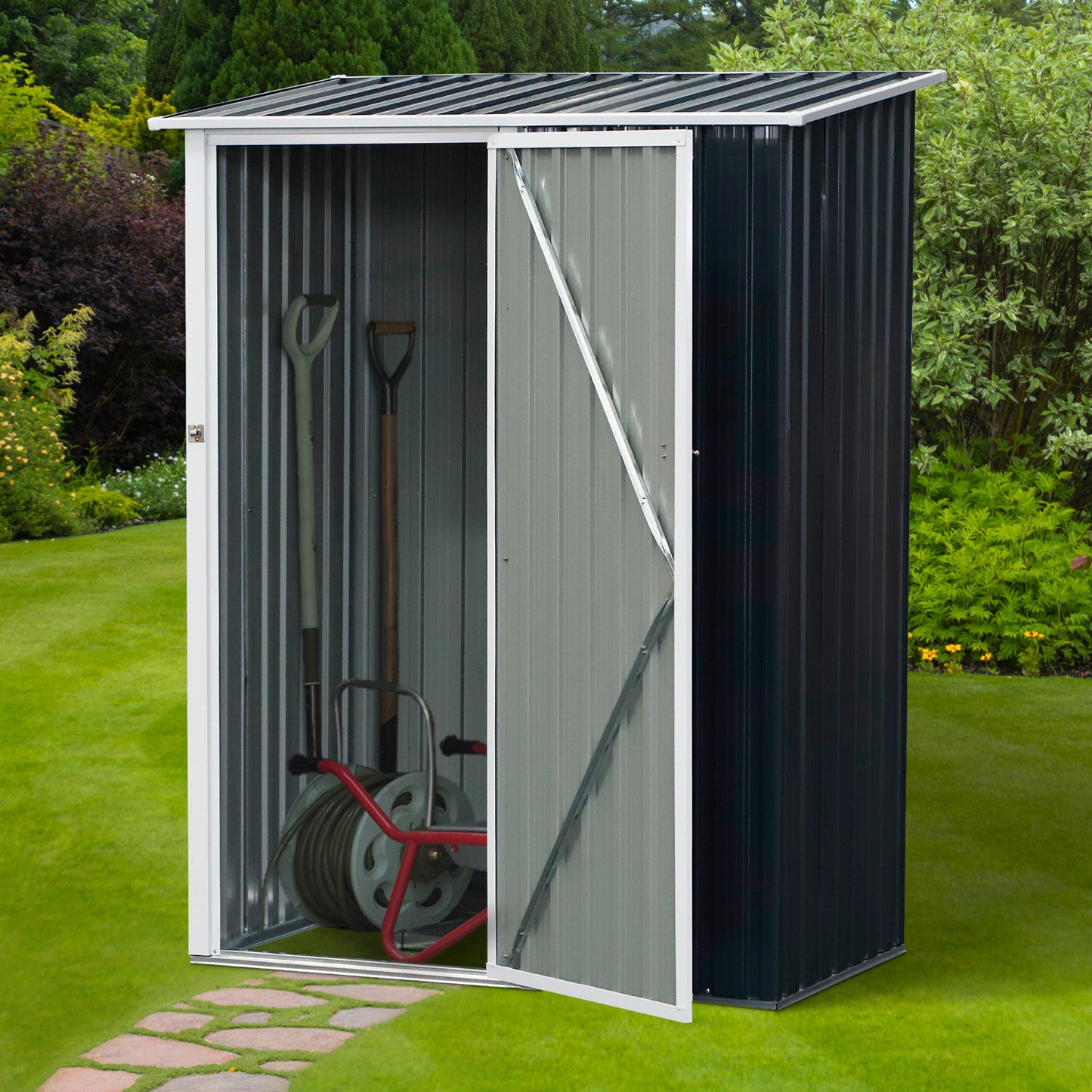 Outsunny Corrugated Steel Single Door Storage Garden Shed Outdoor Equipment Tool Sloped Roof - Grey