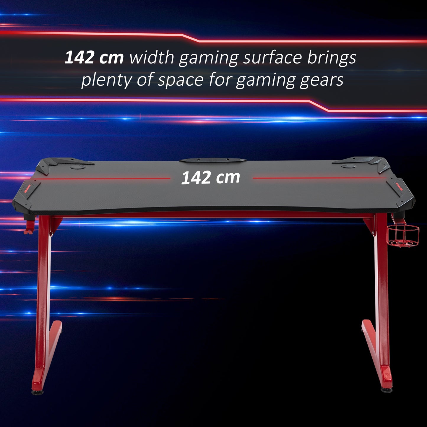 HOMCOM Computer Desk Gaming Desk Writing Table w/cup holder Headphone hook Red/Black