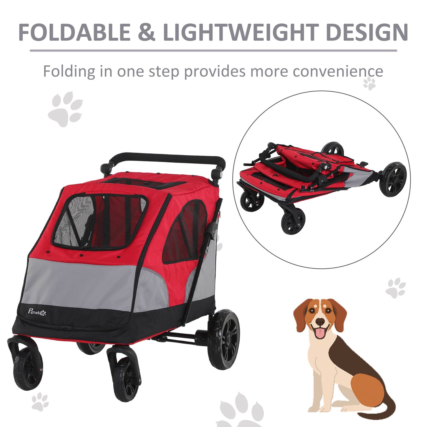 PawHut Pet Stroller Dog Foldable Travel Carriage with Adjustable Handle Red