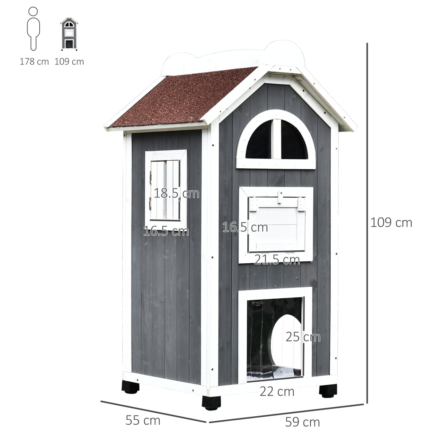 PawHut 59L x 55W x 109H cm Solid Wood Cat Condo Furniture 2-Floor Pet Shelter Grey & White