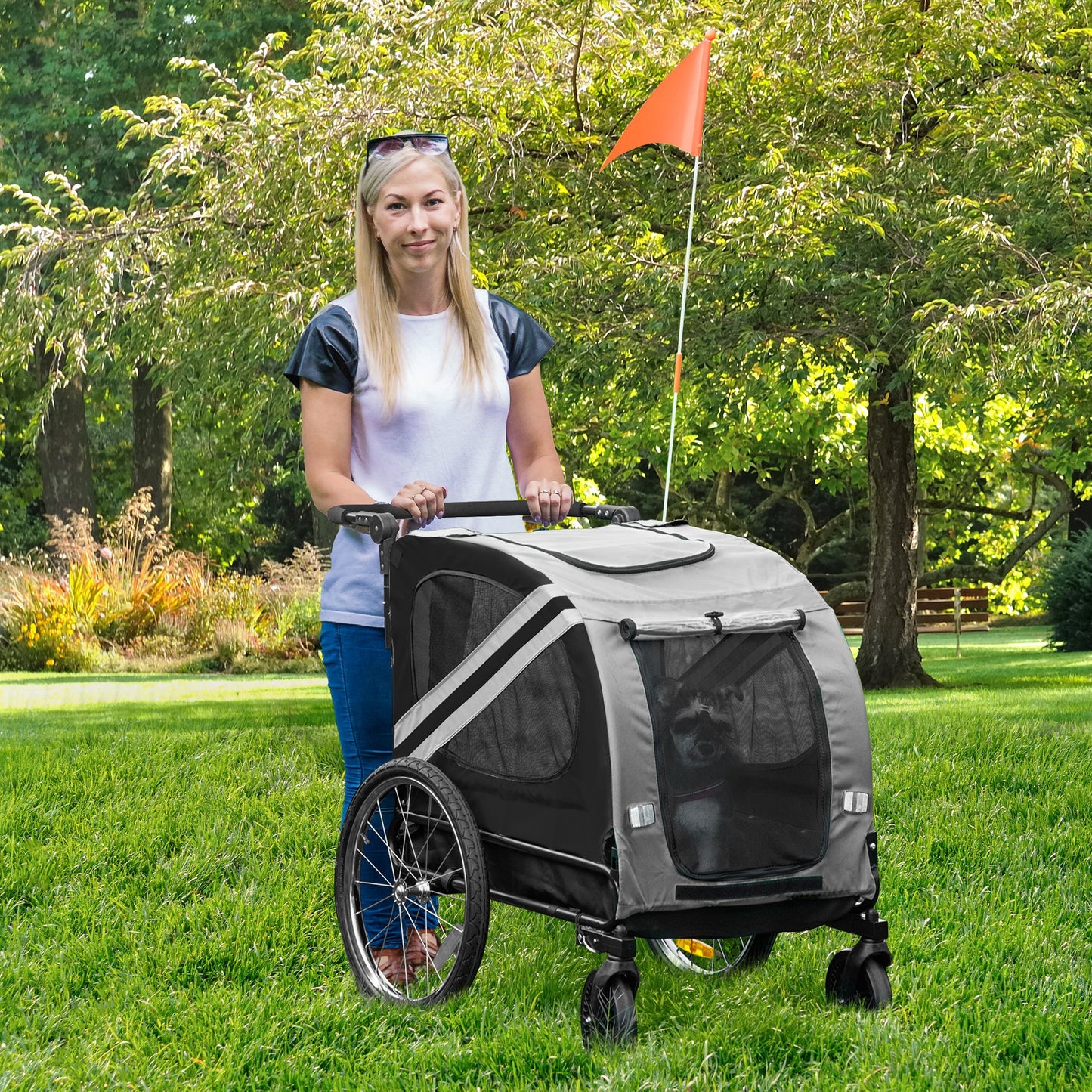 PawHut 2-In-1 Dog Bike Trailer Pet Stroller with Universal Wheel Reflector Flag Grey