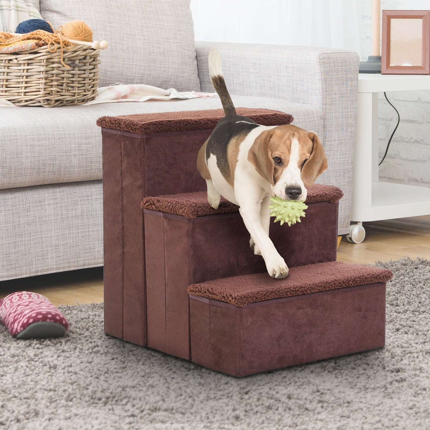 PawHut 3 Step Pet Stairs Foldable Portable Mobility Assistance w/ Washable Fleece Cover 41x19cm Brown