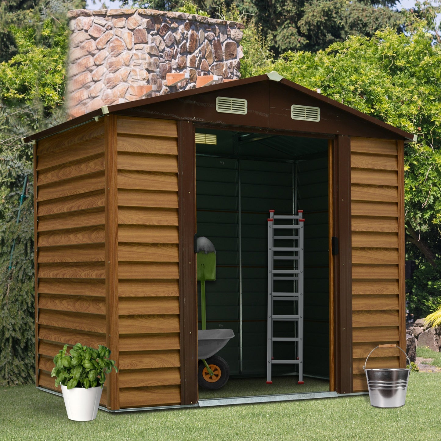 Outsunny 7.7 x 6.4ft Slatted Steel Garden Shed & Foundation - Brown