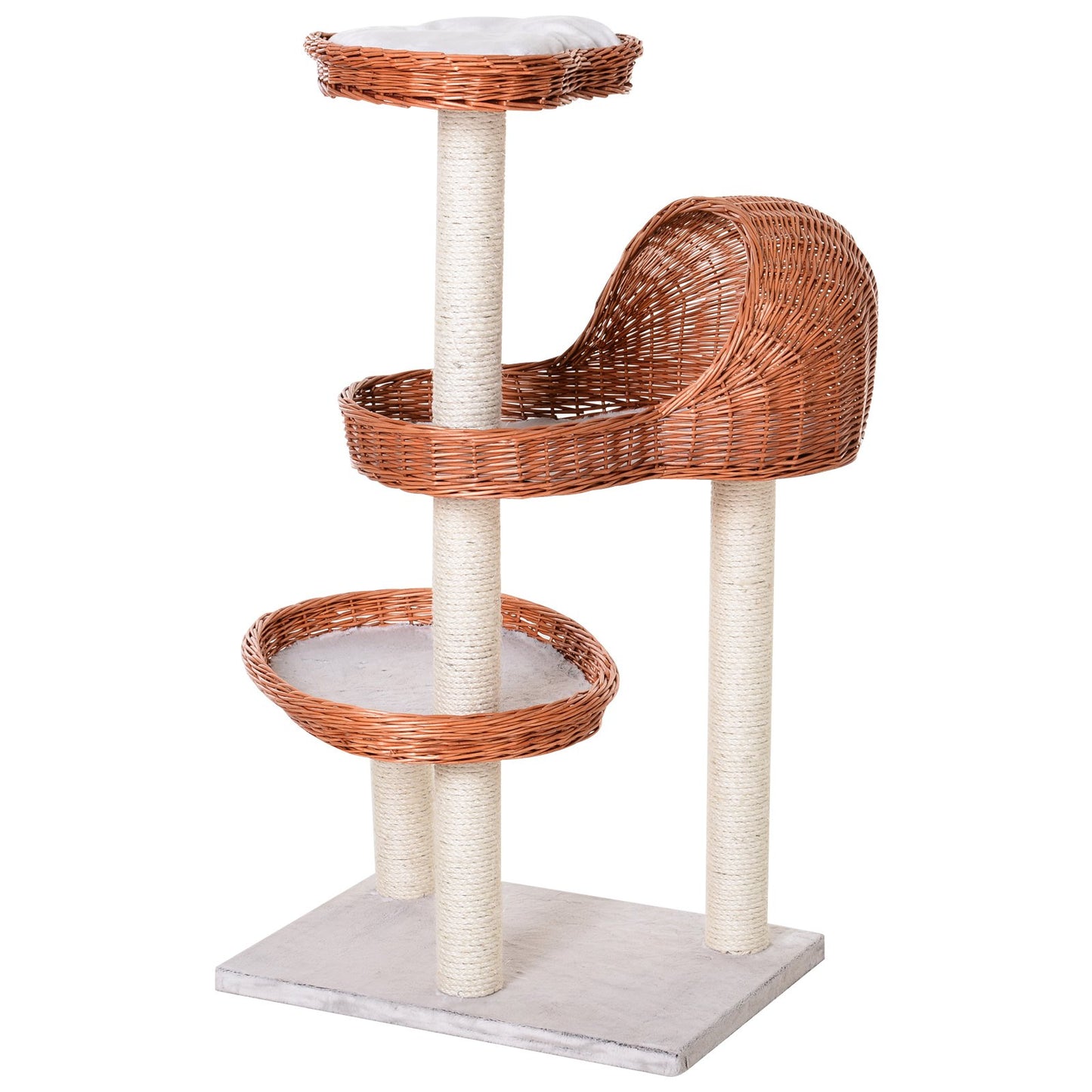 PawHut Cats 3-Tier Sisal Rope Scratching Post w/ Wicker Bed Grey