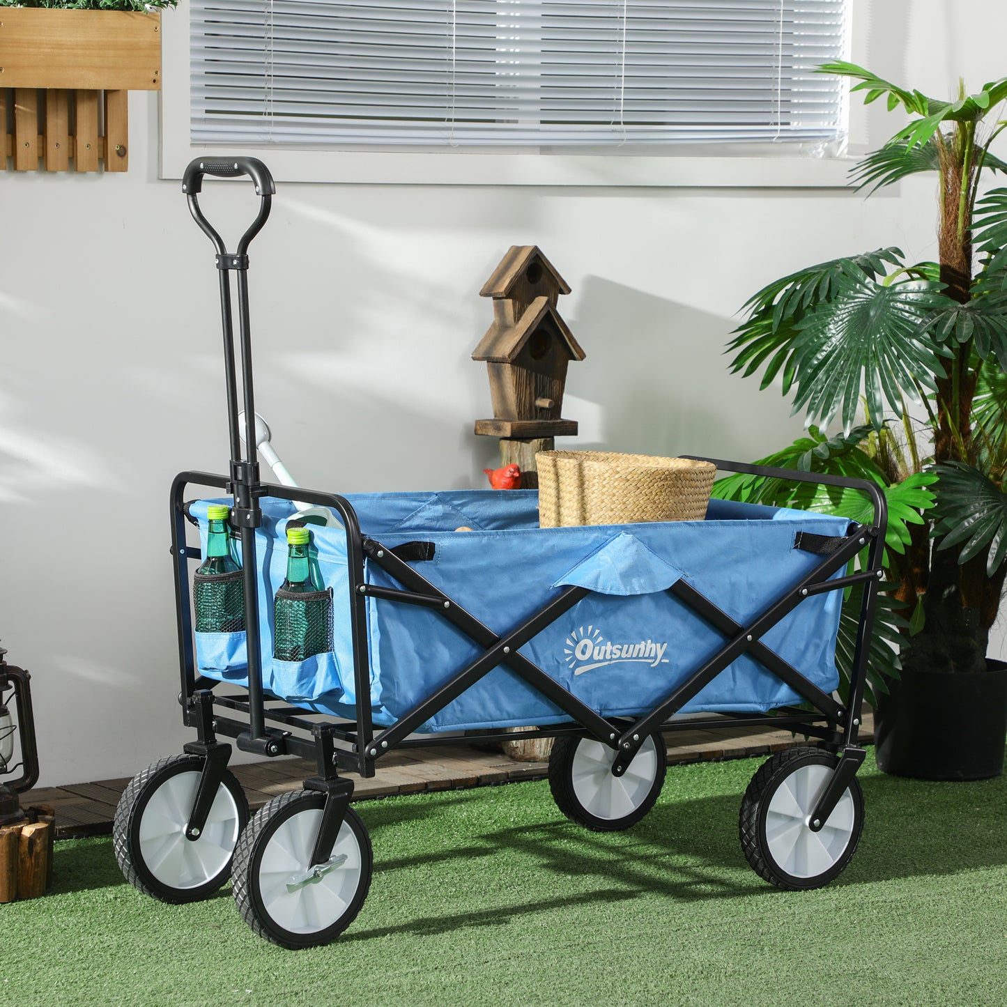 Outsunny Collapsible Folding Outdoor Garden Storage Trolley Cart w/ Telescopic Handle & Brakes Blue