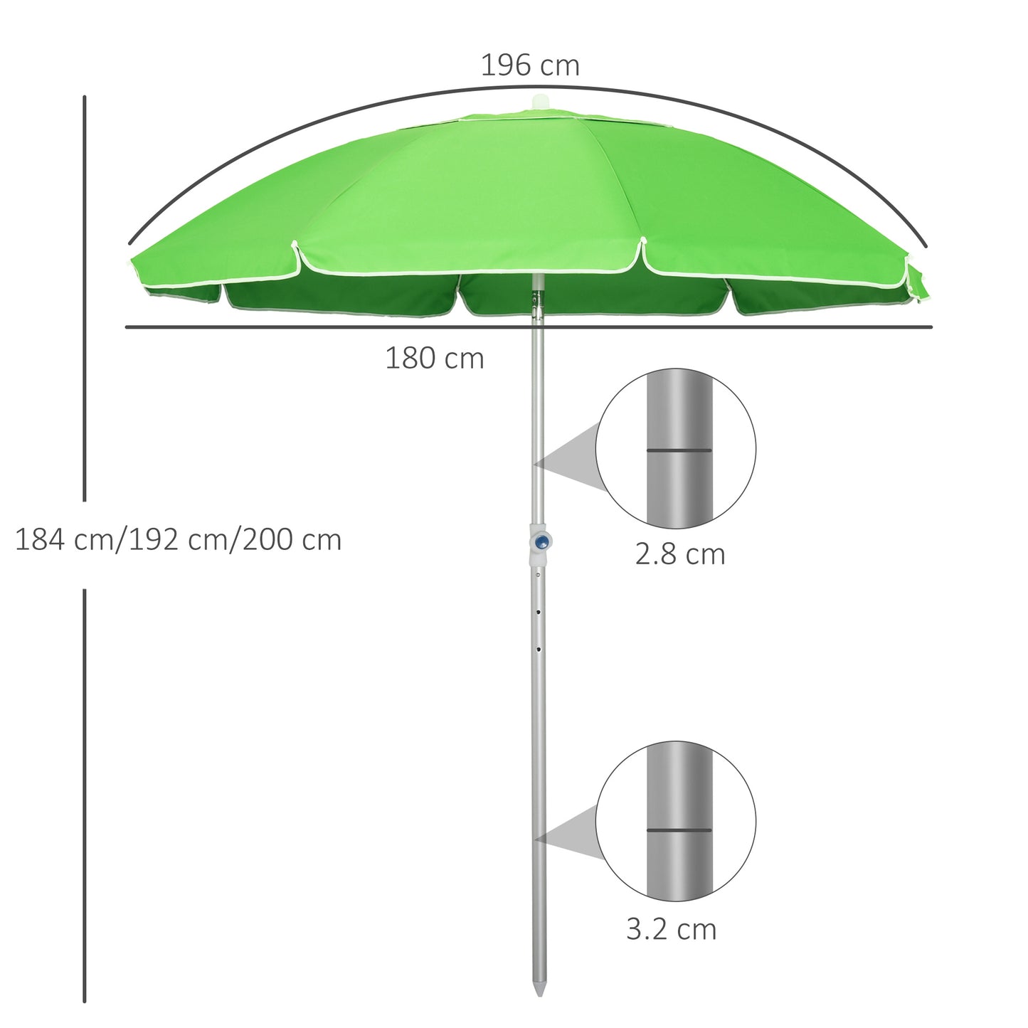 Outsunny Arc. 1.9m Beach Umbrella w/ Adjustable Angle Pointed Design Carry Bag Green