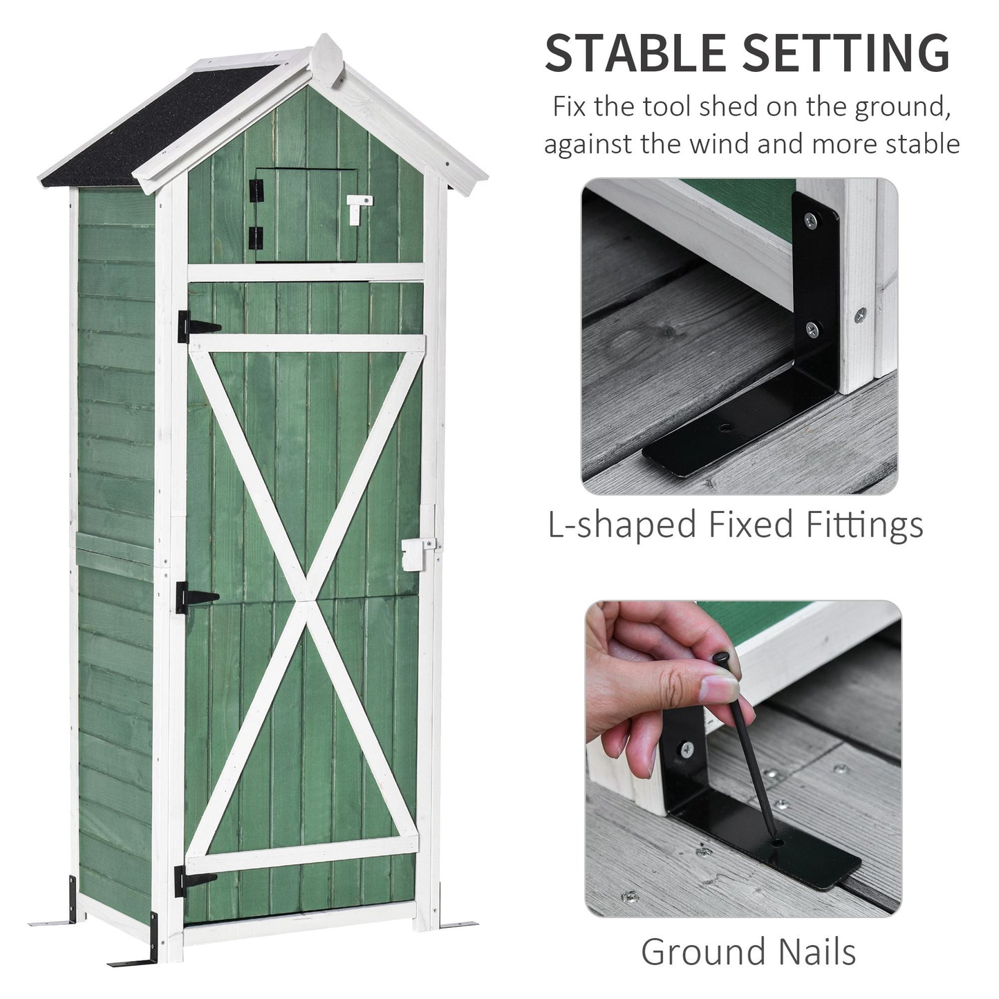 Outsunny Garden Wood Storage Shed with Workstation, Hooks and Ground Nails Multifunction  Lockable Sheds & Outdoor Storage Asphalt Roof Tool Organizer, 182 x 78 x 52.5cm, Green w/
