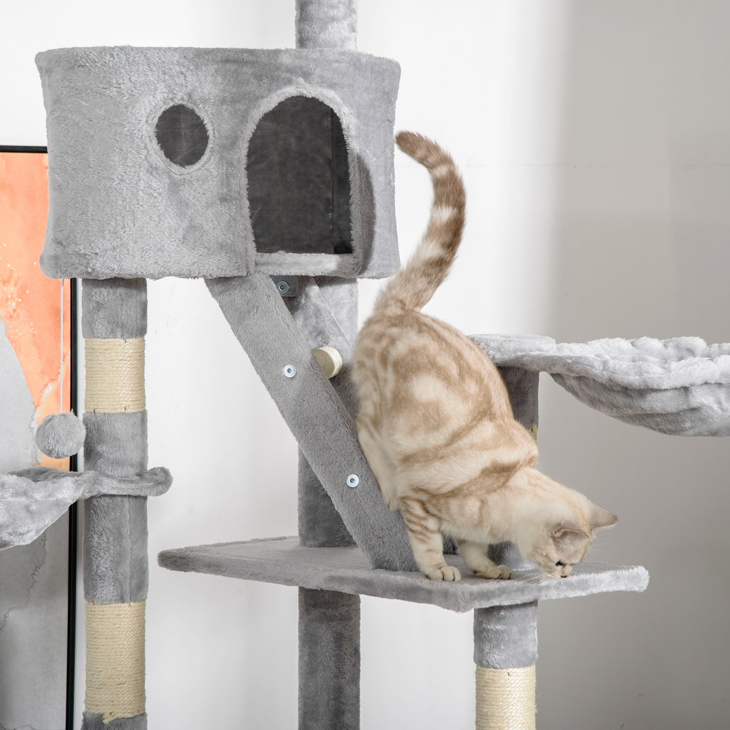 PawHut Floor to Ceiling Cat Tree for Indoor Cats 240-260cm Adjustable Height Light Grey