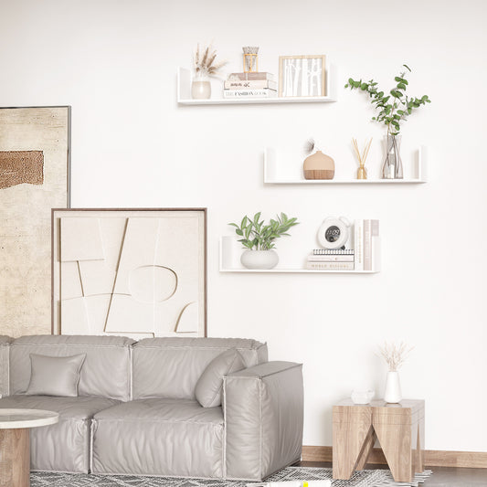 HOMCOM Set of 3 Wooden U-Shaped Floating Shelves Set Wall Mounted Hanging Bookshelf CD DVD Storage Display for Bedroom Living Room Kitchen, White