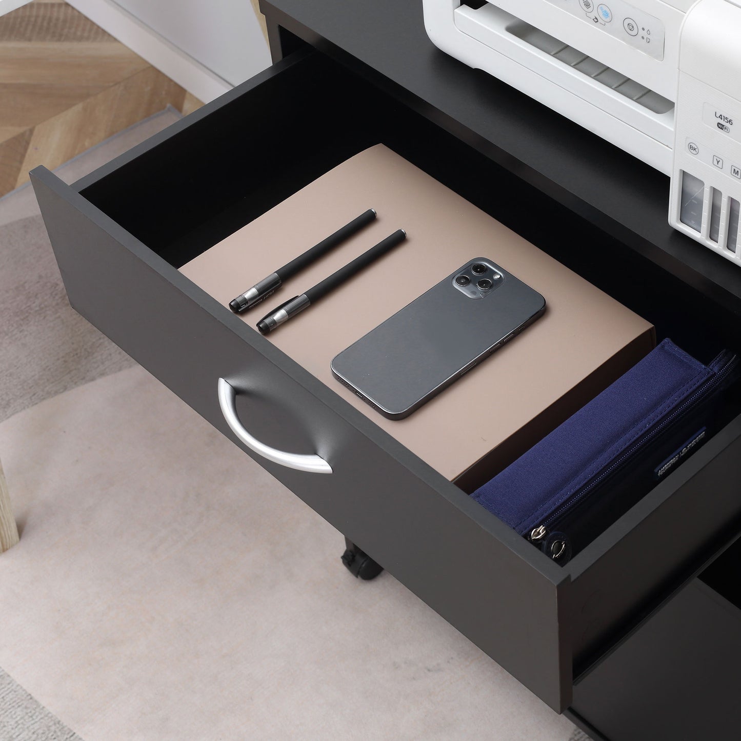 Vinsetto Printer Stand Mobile Printer Cabinet with Storage, Open Shelf, Drawer for Home, Office, Black Storage Shelf Universal Wheels Home