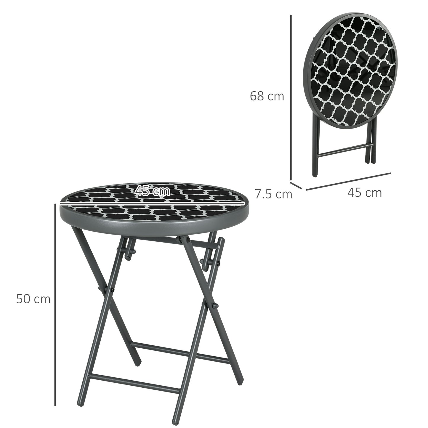 Outsunny Φ45cm Outdoor Side Table Round Folding Patio Table with Imitation Marble Glass Top Small Coffee Table Black