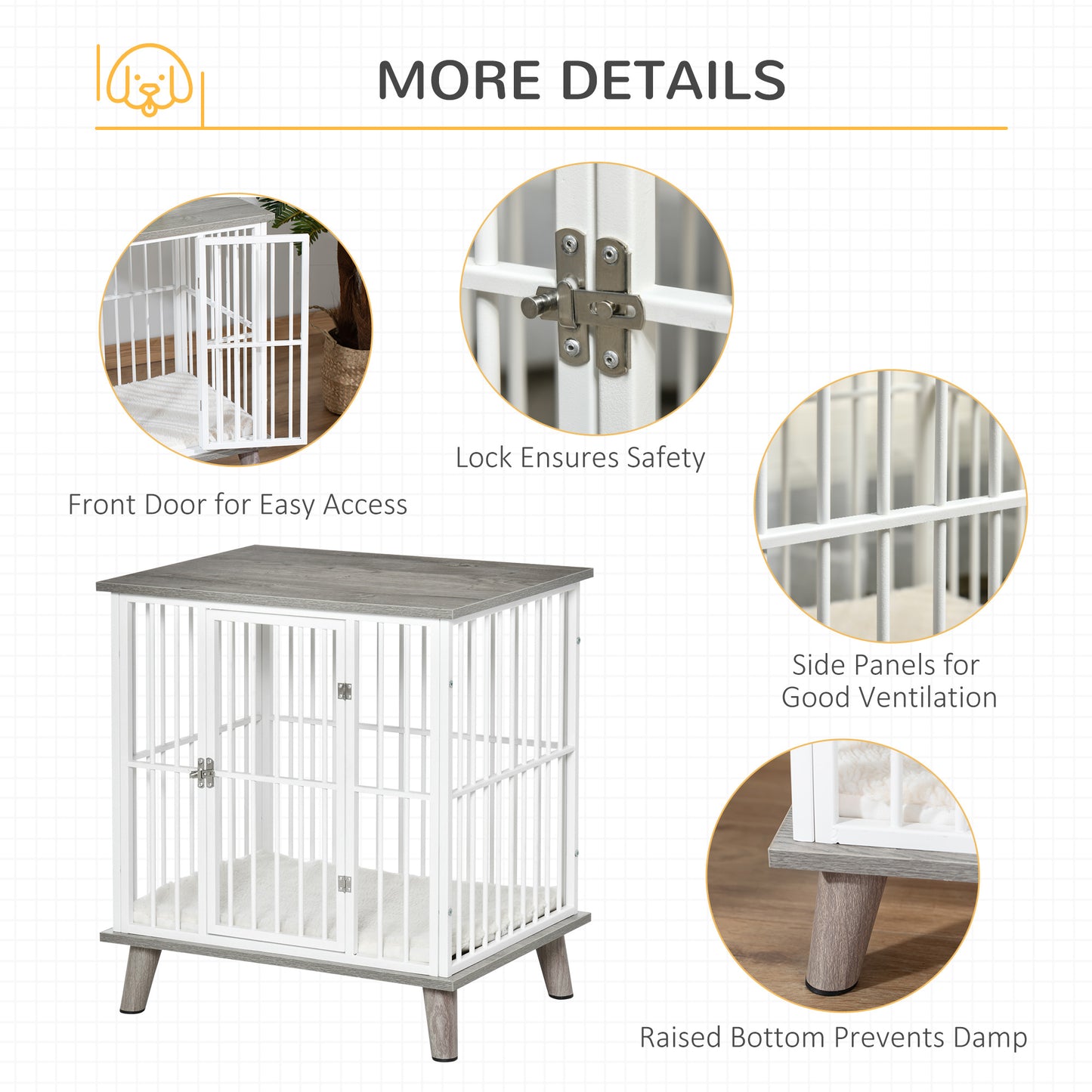 PawHut Dog Crate, Furniture Style Pet Cage Kennel, End Table, Decorative Dog House, with Soft Cushion, Wooden Top, Door, for Small Dogs, Indoor Use, Grey House,w/