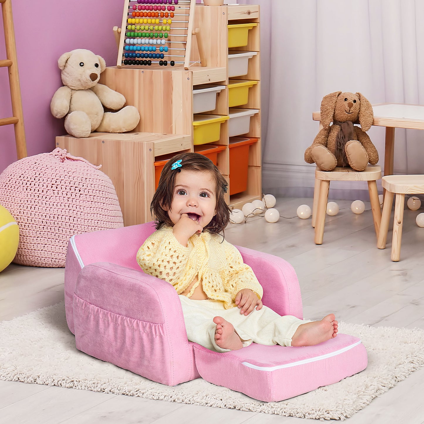 HOMCOM 2in1 Kids Armchair Toddler Sofa Bed with Wood Frame for Bedroom Playroom Pink