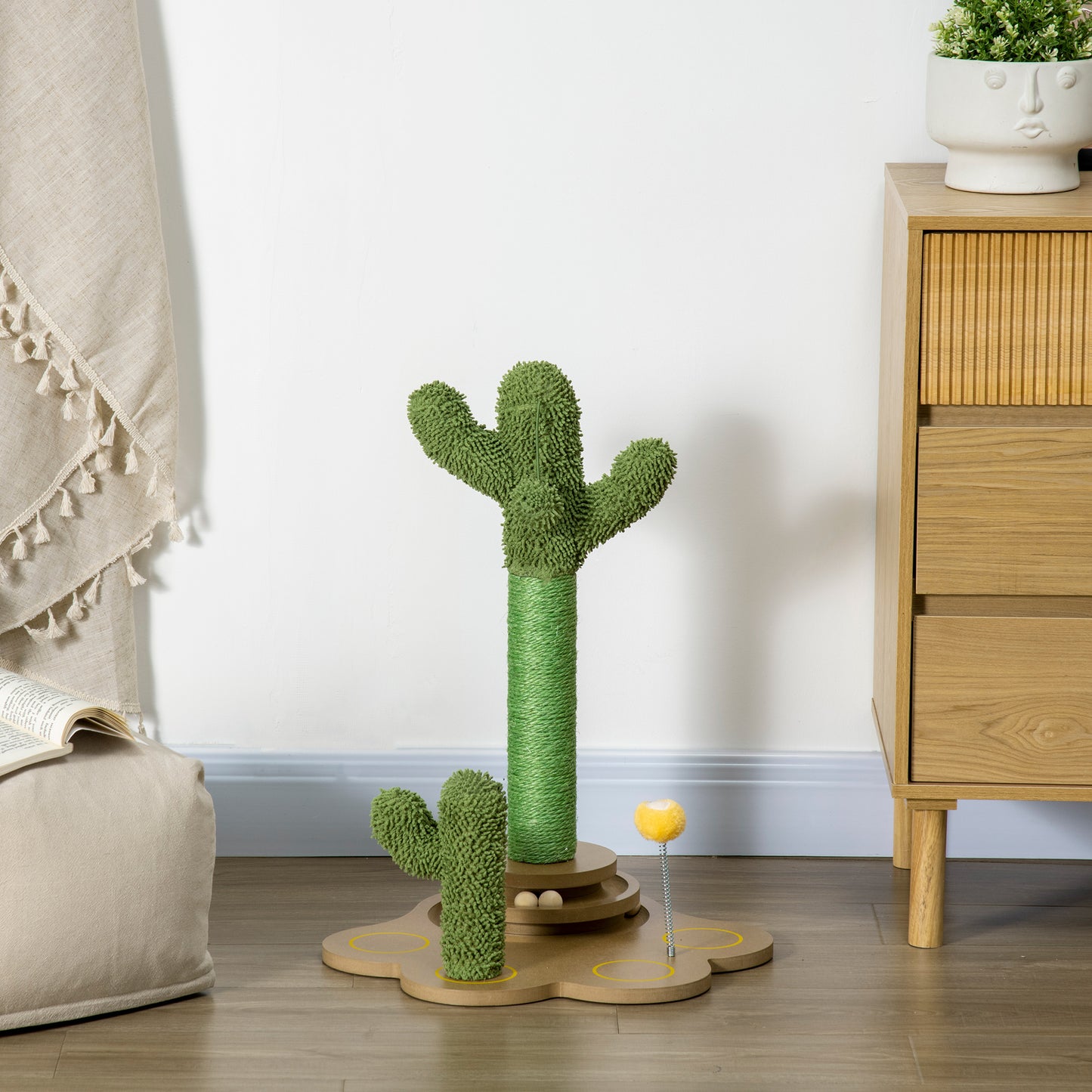 PawHut 60cm Cactus-shaped Cat Tree, Kitty Activity Center with Turntable Interactive Ball Toys, Chenille Cat Tower, Green