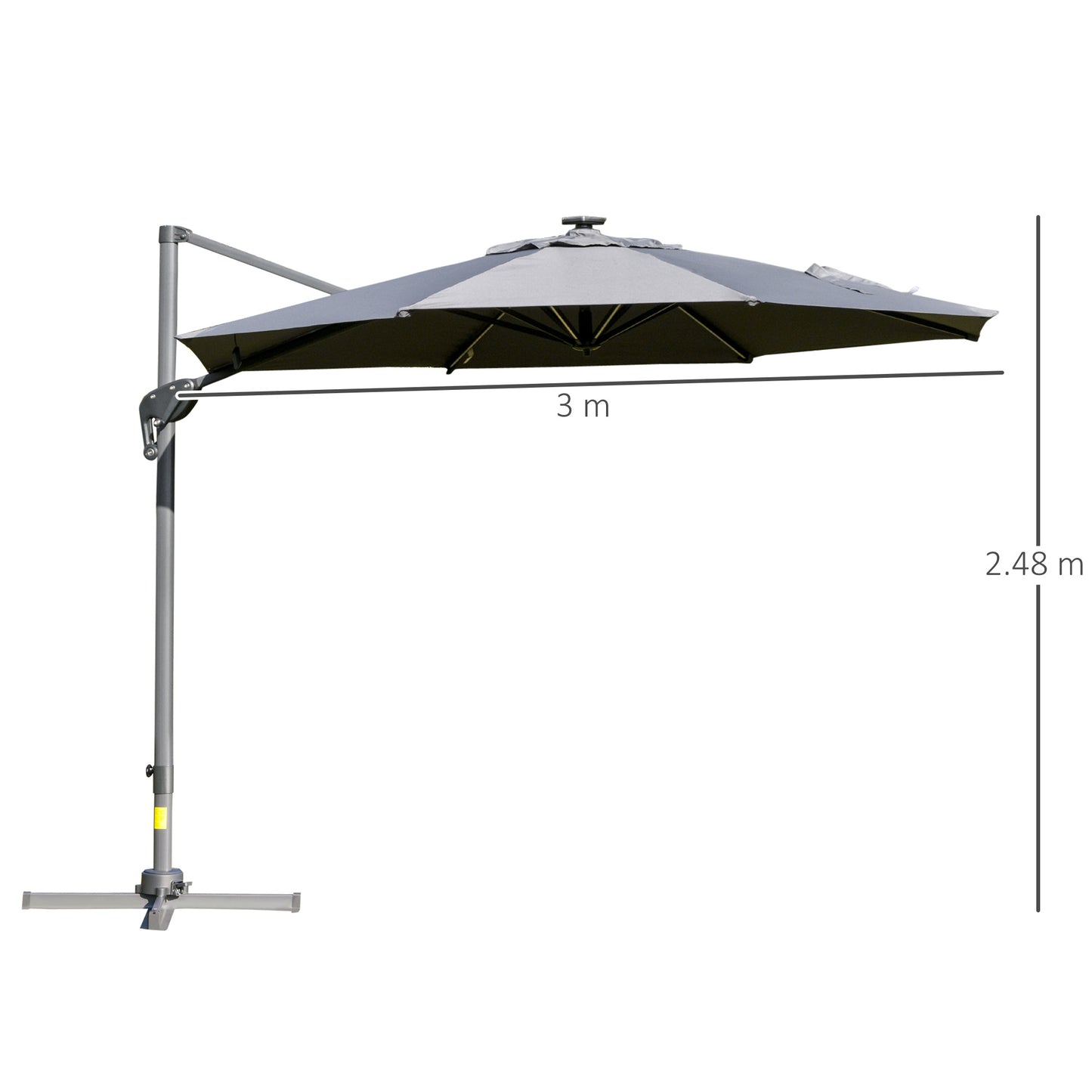 Outsunny 3m LED Cantilever Parasol Adjustable Garden Umbrella w/ Base Handle Solar Lights Rotating Outdoor Pool Lawn Night Summer Furniture Light Grey