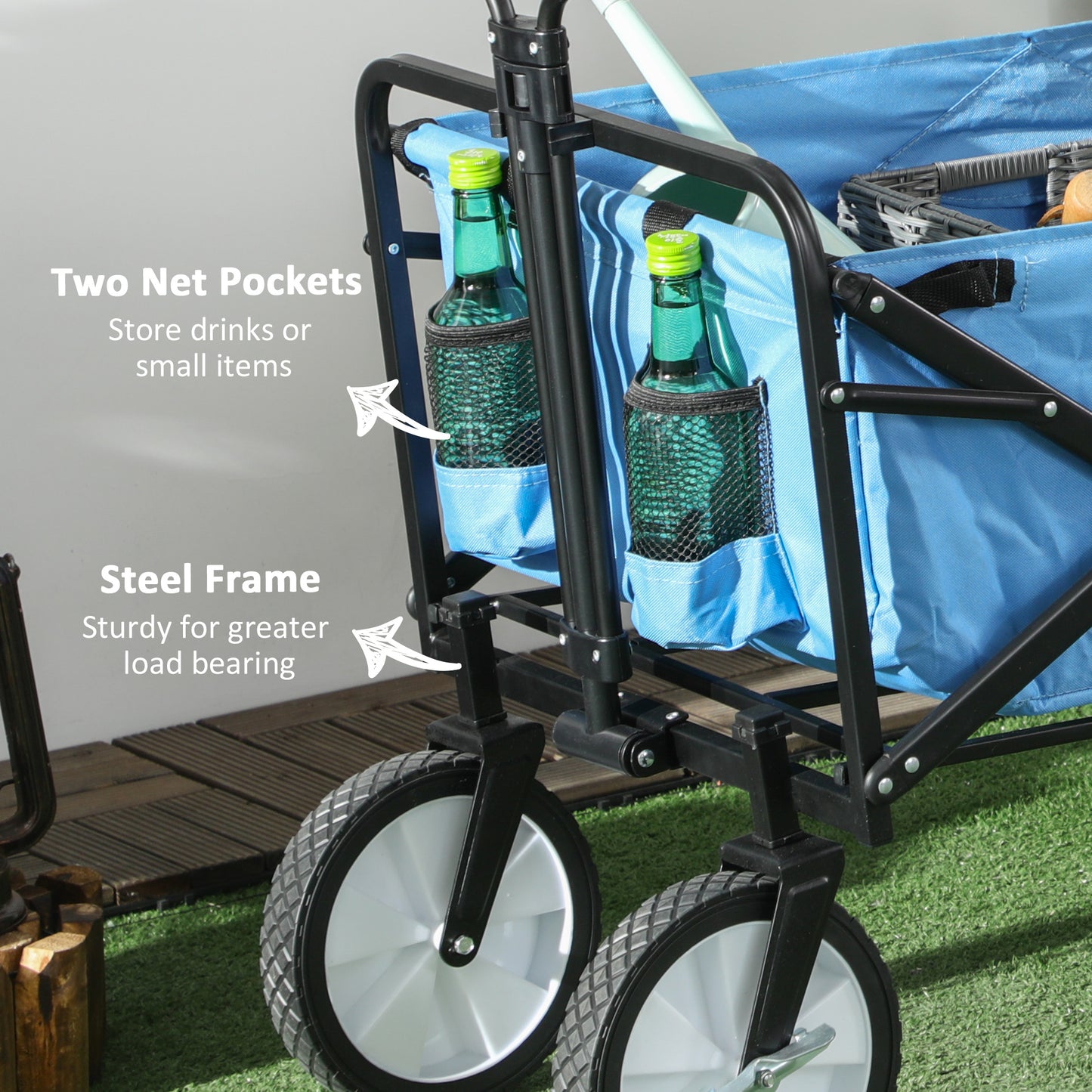 Outsunny Collapsible Folding Outdoor Garden Storage Trolley Cart w/ Telescopic Handle & Brakes Blue