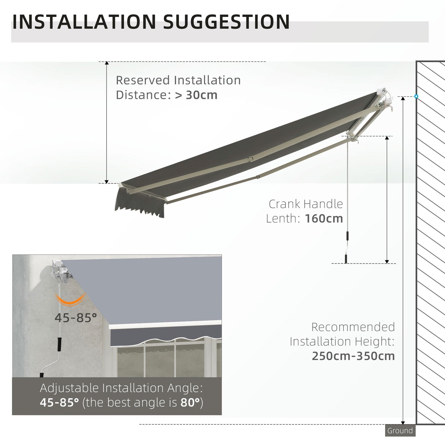 Outsunny Manual Retractable Patio Awning Shelter UV Protection, 2.5mx2m