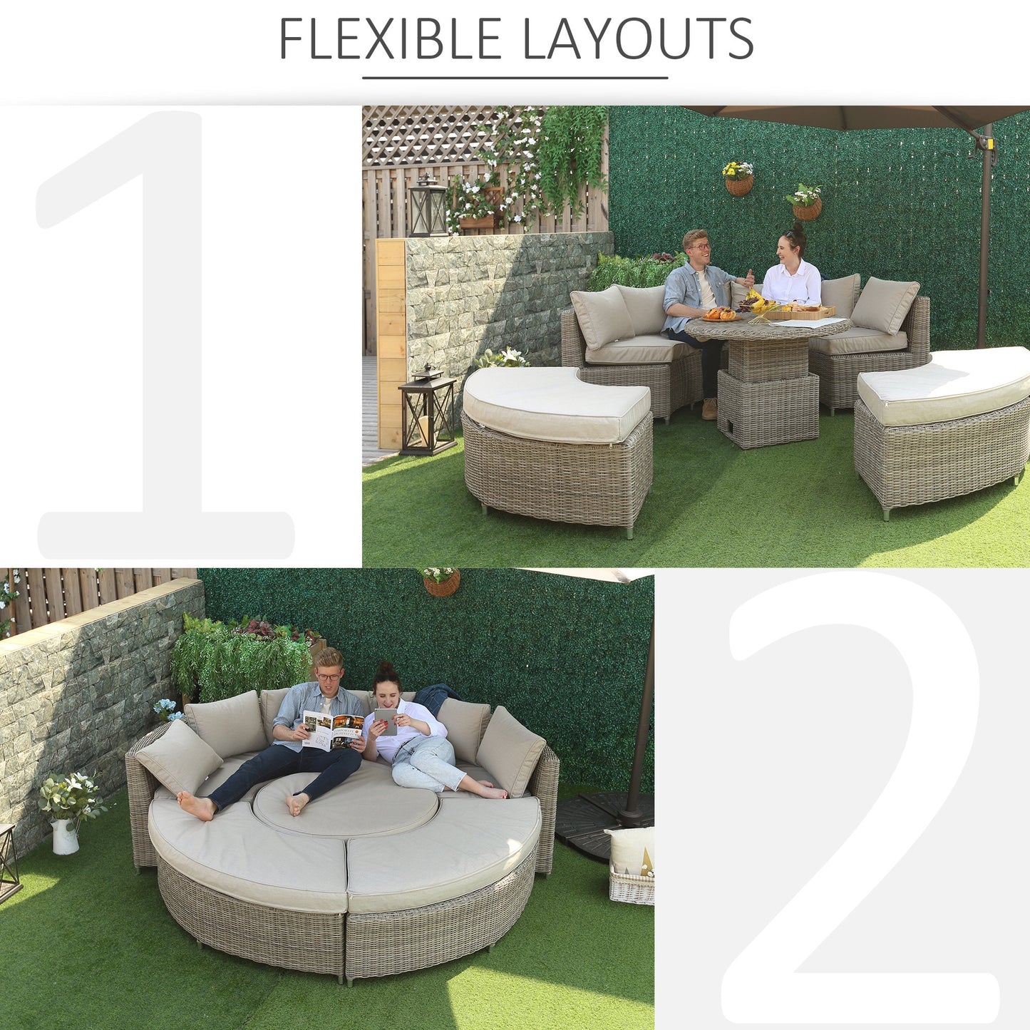 Outsunny 5 PCs Outdoor Rattan Lounge Chair Round Daybed Table Conversation Set w/ Cushion