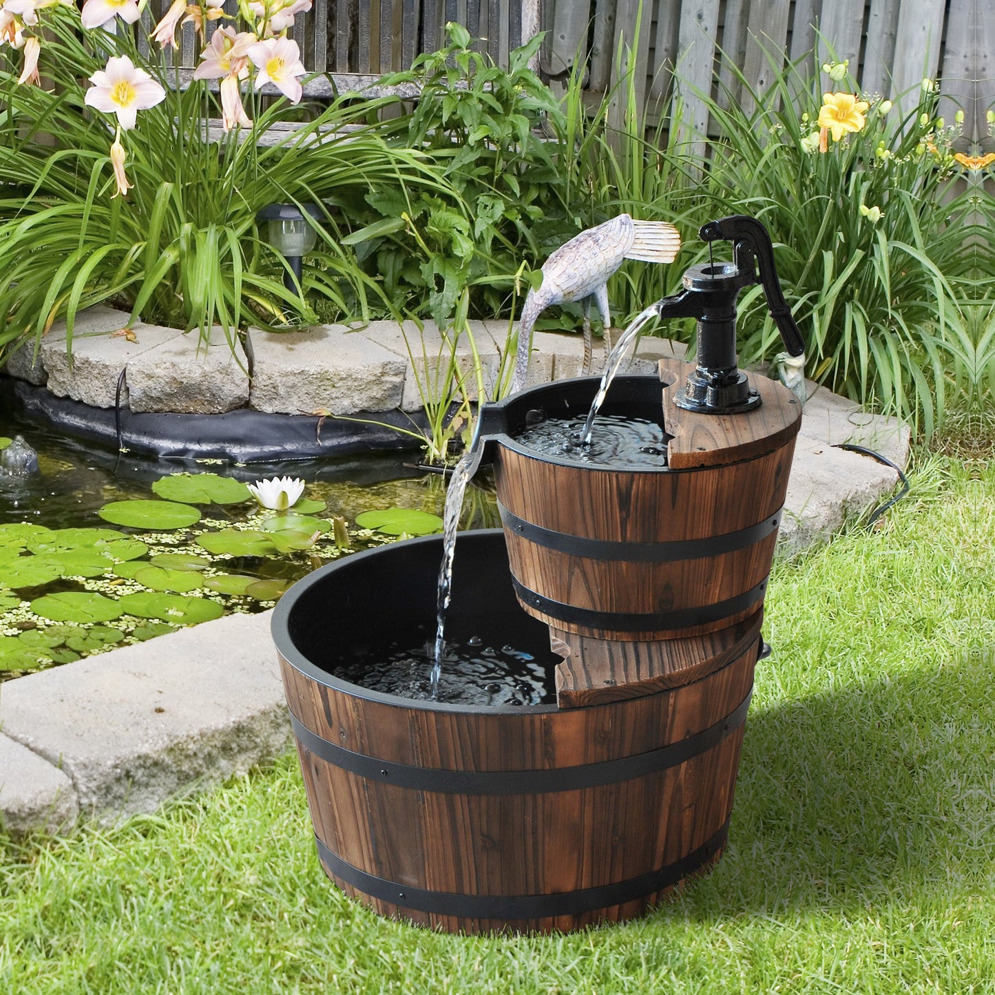 Outsunny Wooden Water Pump Fountain, 2 Tier-Fir Wood/Steel