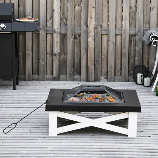 Outsunny Square Garden Fire Pit Square Table w/ Grill Shelf Poker Mesh Cover Grate 86cm