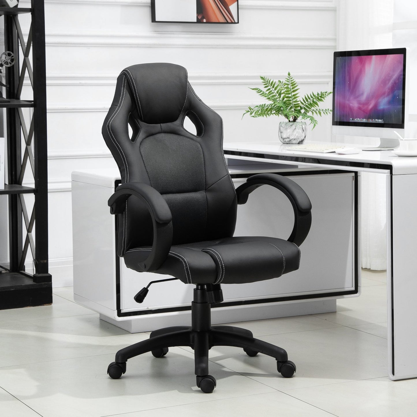 HOMCOM Racing Chair Gaming Sports Swivel Leather Office PC Chair Height Adjustable-Black