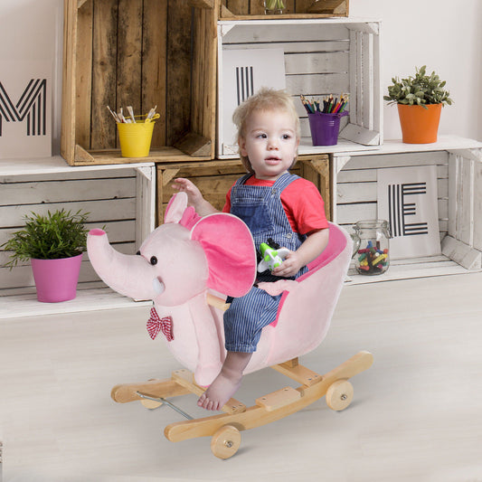 HOMCOM Kids 2 in 1 Rocking Elephant W/Wheels and Sound-Pink
