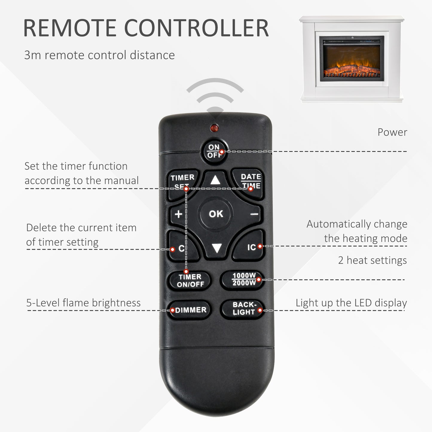 HOMCOM 1kW/2kW Electric Fireplace Suite with Flame Effect Remote Control 7-Day Timer